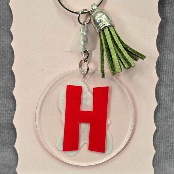 Letter Keychain Clear Silver Circle Handmade Acrylic Tassel Flower H Green - Picture 2 of 3